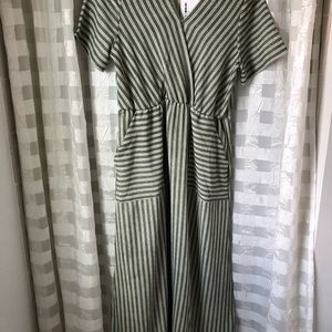 Olive green dress with cream stripes.